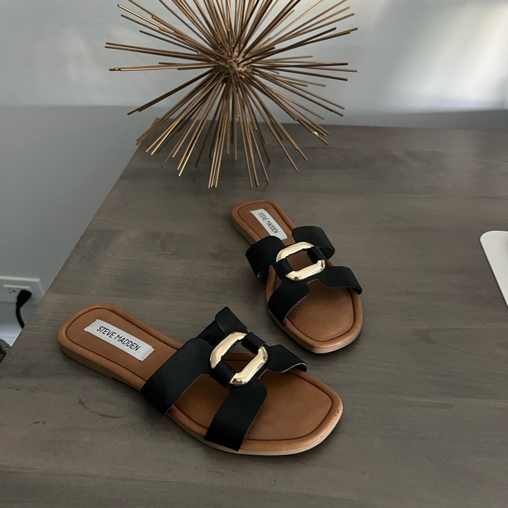 Steve Madden Black Slide Sandals with Gold Accent